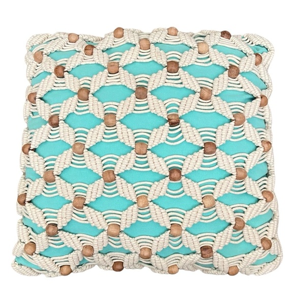 Set of 2 Teal Turquoise Rope and Wooden Beads Pillows. - Picture 2 of 5